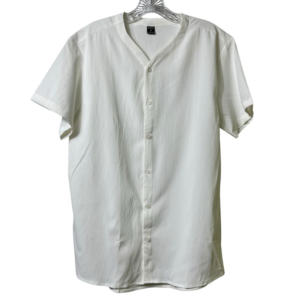 2/$15 Banded Collar Button Front Short Sleeve Textured Shirt M (2708)